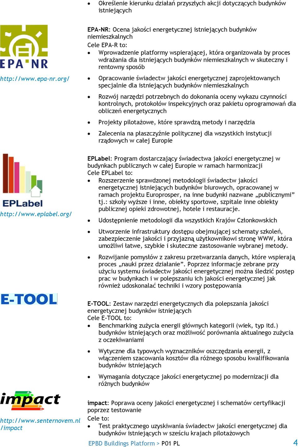 niemieszkalnych w skuteczny i rentowny sposób Opracowanie świadectw jakości energetycznej zaprojektowanych specjalnie dla istniejących budynków niemieszkalnych Rozwój narzędzi potrzebnych do