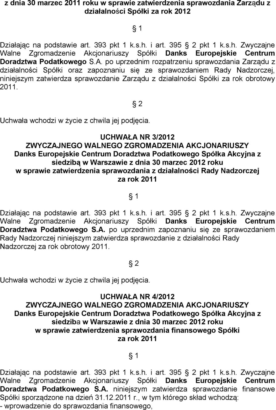 obrotowy 2011. UCHWAŁA NR 3/2012 w sprawie zatwierdzenia sprawozdania z działalności Rady Nadzorczej za rok 2011 Działając na podstawie art. 393 pkt 1 k.s.h. i art. 395 pkt 1 k.s.h. Zwyczajne Doradztwa Podatkowego S.