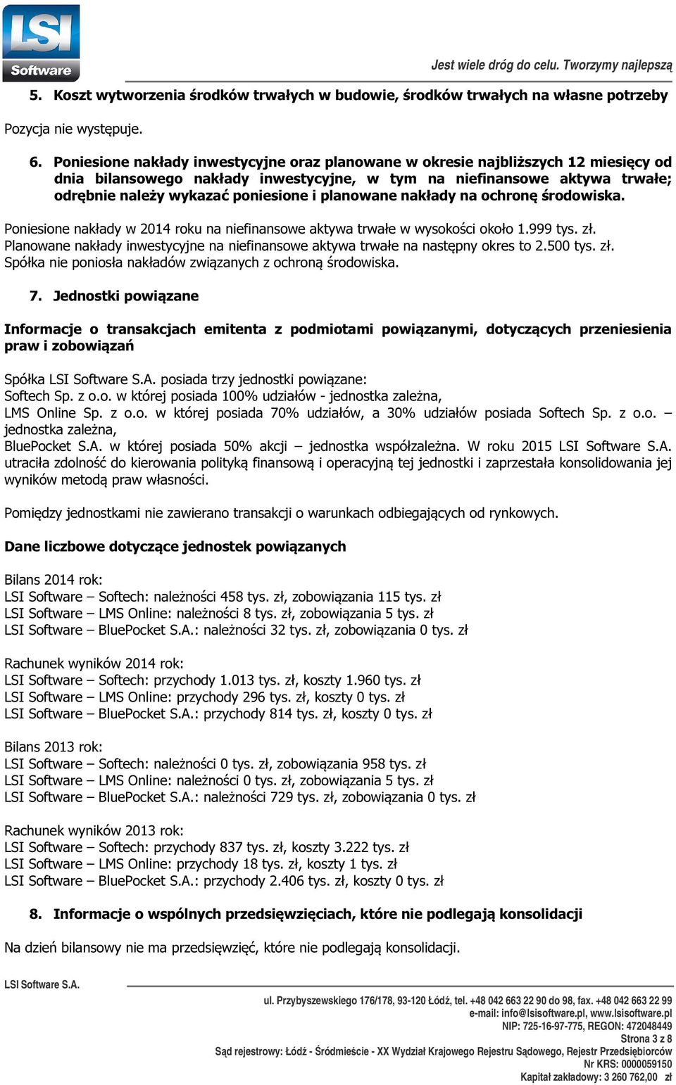 planowane nakłady na ochronę środowiska. Poniesione nakłady w 2014 roku na niefinansowe aktywa trwałe w wysokości około 1.999 tys. zł.