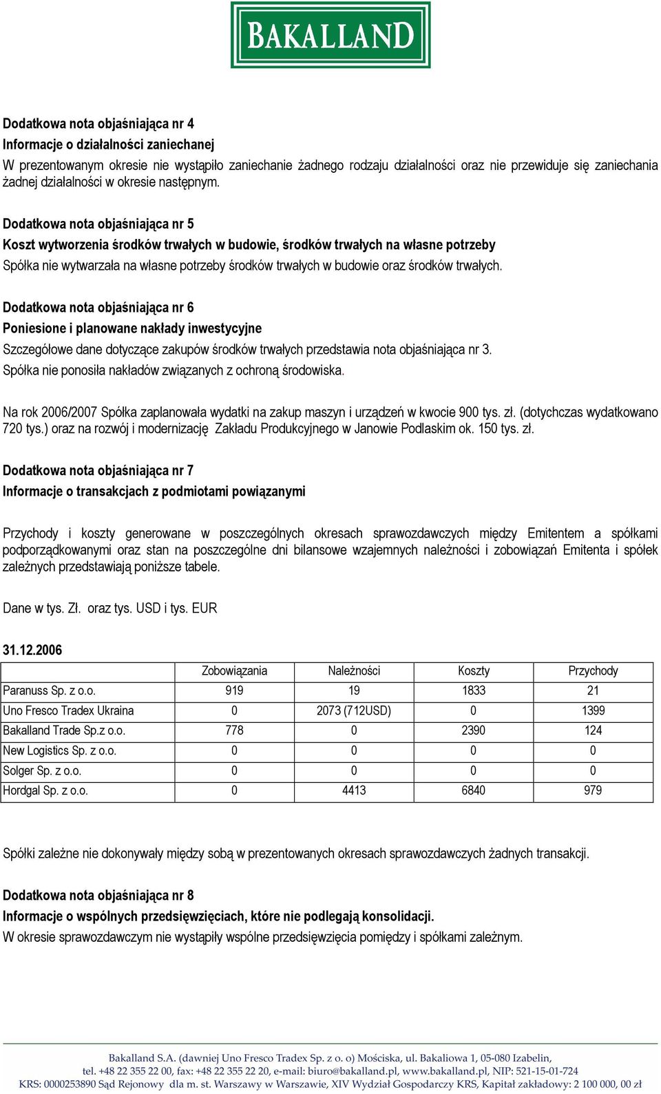 Dodatkowa nota objaśniająca nr 5 Koszt wytworzenia środków trwałych w budowie, środków trwałych na własne potrzeby Spółka nie wytwarzała na własne potrzeby środków trwałych w budowie oraz środków
