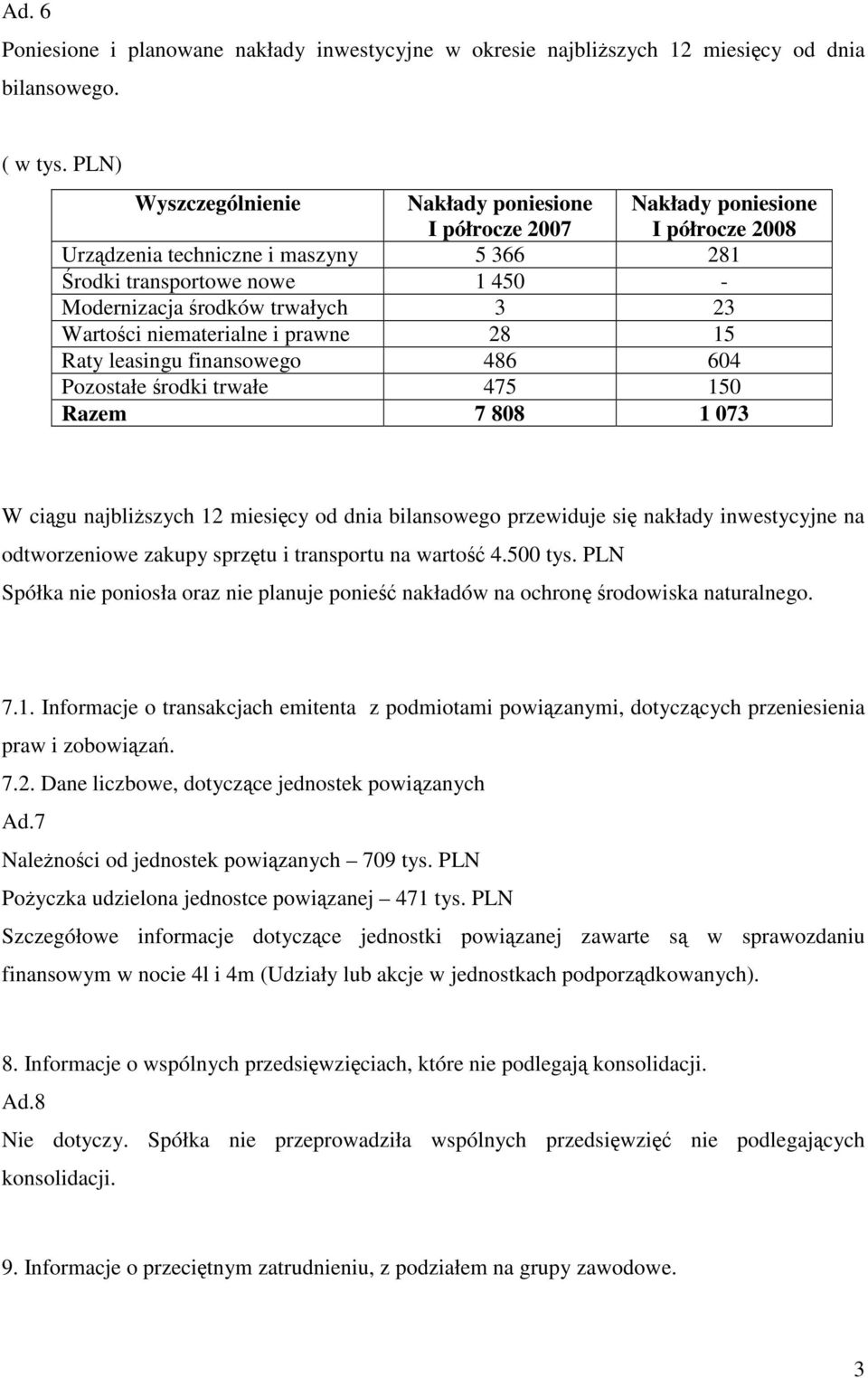 niematerialne i prawne 28 15 Raty leasingu finansowego 486 604 Pozostałe rodki trwałe 475 150 Razem 7 808 1 073 W cigu najbliszych 12 miesicy od dnia bilansowego przewiduje si nakłady inwestycyjne na