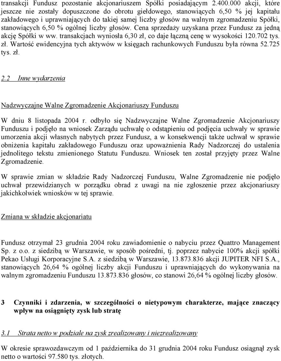 stanowiących 6,50 % ogólnej liczby głosów. Cena sprzedaży uzyskana przez Fundusz za jedną akcję Spółki w ww. transakcjach wyniosła 6,30 zł,
