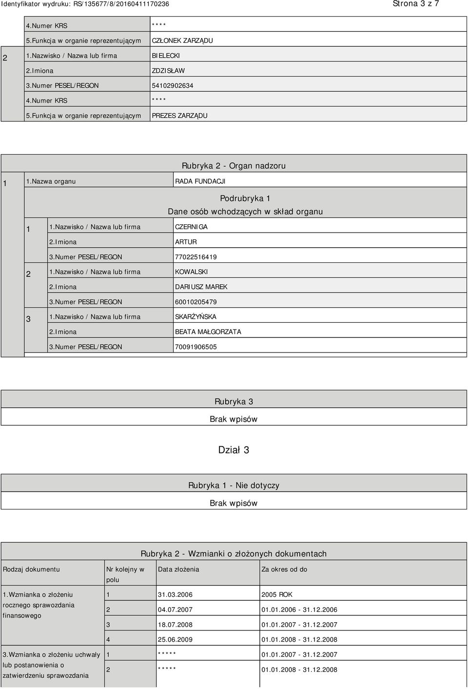 Nazwisko / Nazwa lub firma KOWALSKI DARIUSZ MAREK 3.Numer PESEL/REGON 60010205479 3 1.Nazwisko / Nazwa lub firma SKARŻYŃSKA BEATA MAŁGORZATA 3.