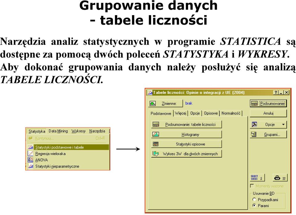 pomocą dwóch poleceń STATYSTYKA i WYKRESY.