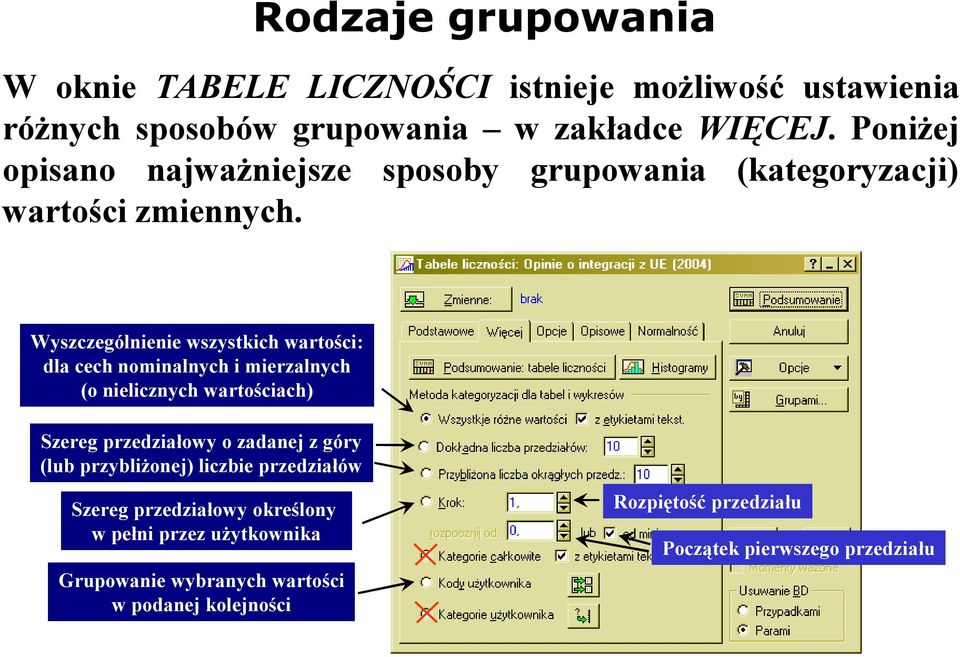 Wyszczególnienie wszystkich wartości: dla cech nominalnych i mierzalnych (o nielicznych wartościach) Szereg przedziałowy o zadanej z