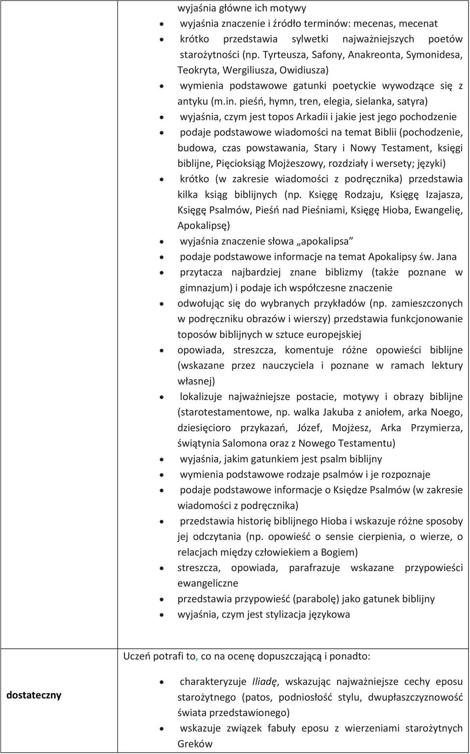 pieśń, hymn, tren, elegia, sielanka, satyra) wyjaśnia, czym jest topos Arkadii i jakie jest jego pochodzenie podaje podstawowe wiadomości na temat Biblii (pochodzenie, budowa, czas powstawania, Stary