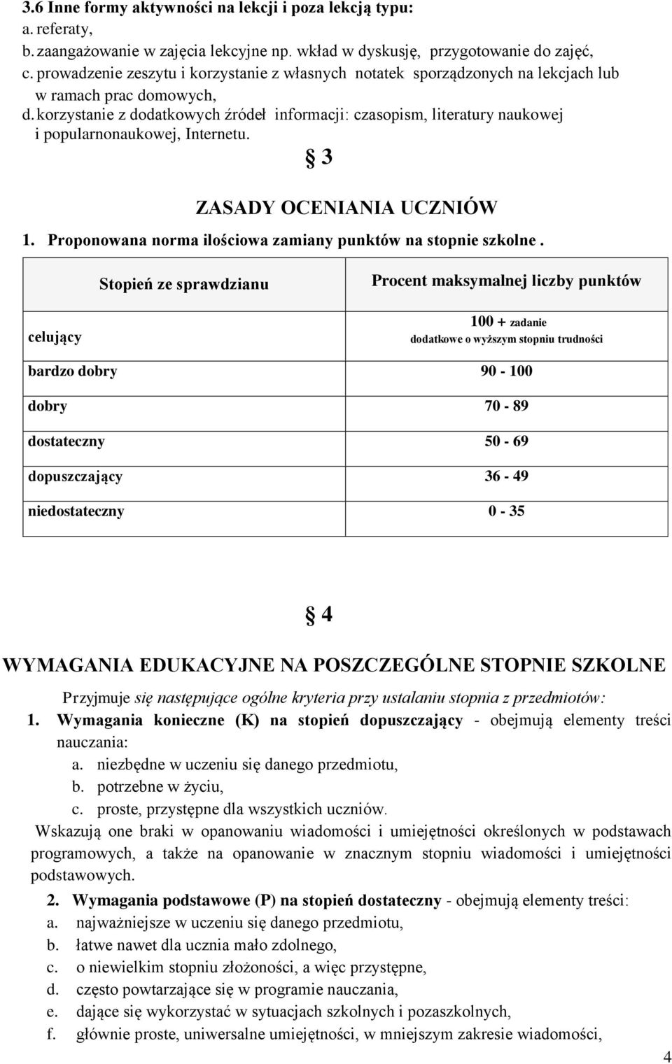 korzystanie z dodatkowych źródeł informacji: czasopism, literatury naukowej i popularnonaukowej, Internetu. 3 ZASADY OCENIANIA UCZNIÓW 1.