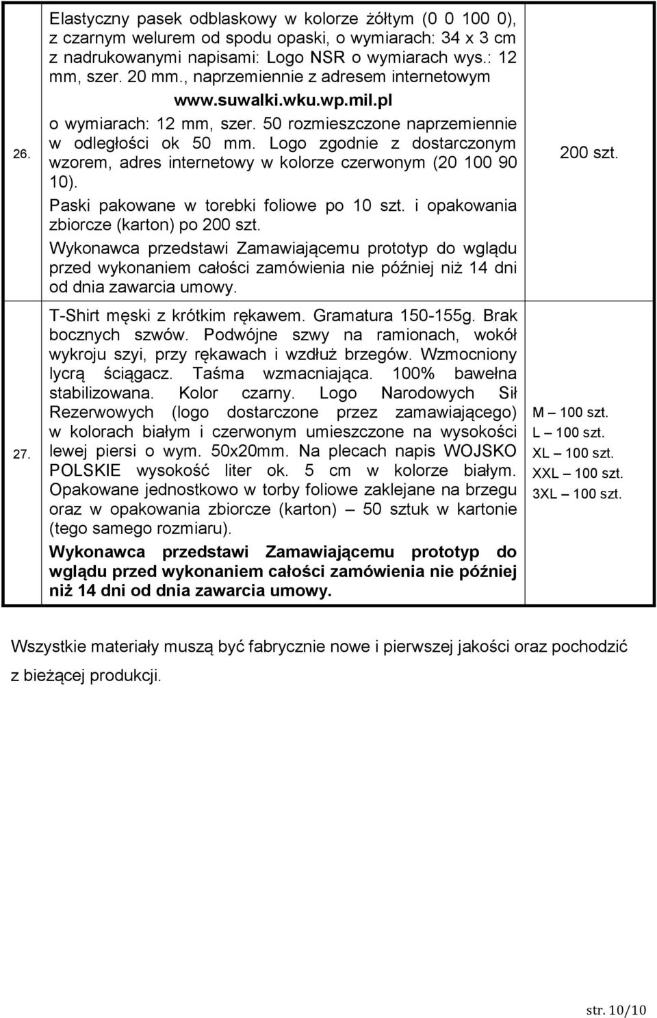 Logo zgodnie z dostarczonym wzorem, adres internetowy w kolorze czerwonym (20 100 90 10). Paski pakowane w torebki foliowe po 10 szt. i opakowania T-Shirt męski z krótkim rękawem. Gramatura 150-155g.