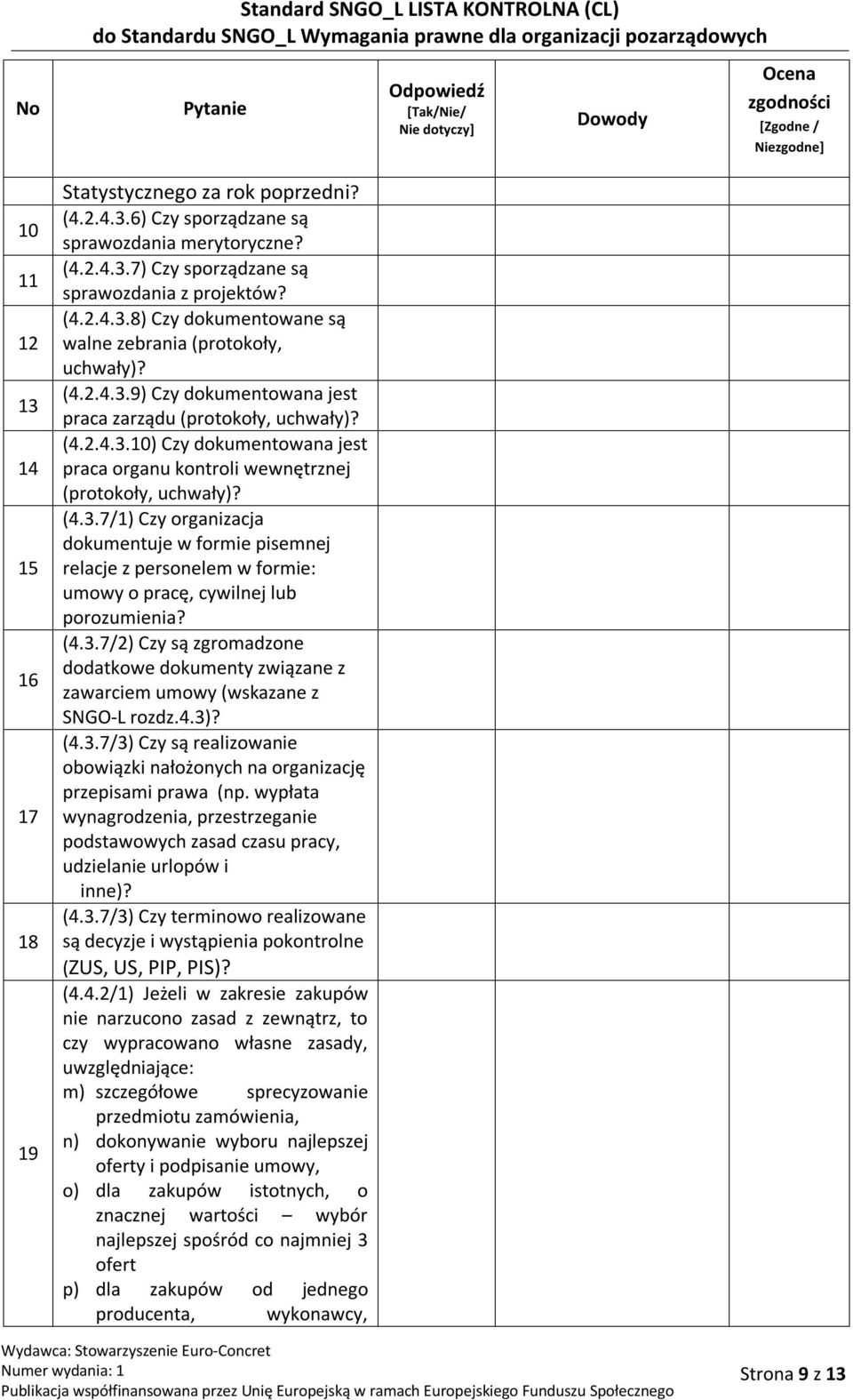 (4.3.7/2) Czy są zgromadzone dodatkowe dokumenty związane z zawarciem umowy (wskazane z SNGO-L rozdz.4.3)? (4.3.7/3) Czy są realizowanie obowiązki nałożonych na organizację przepisami prawa (np.