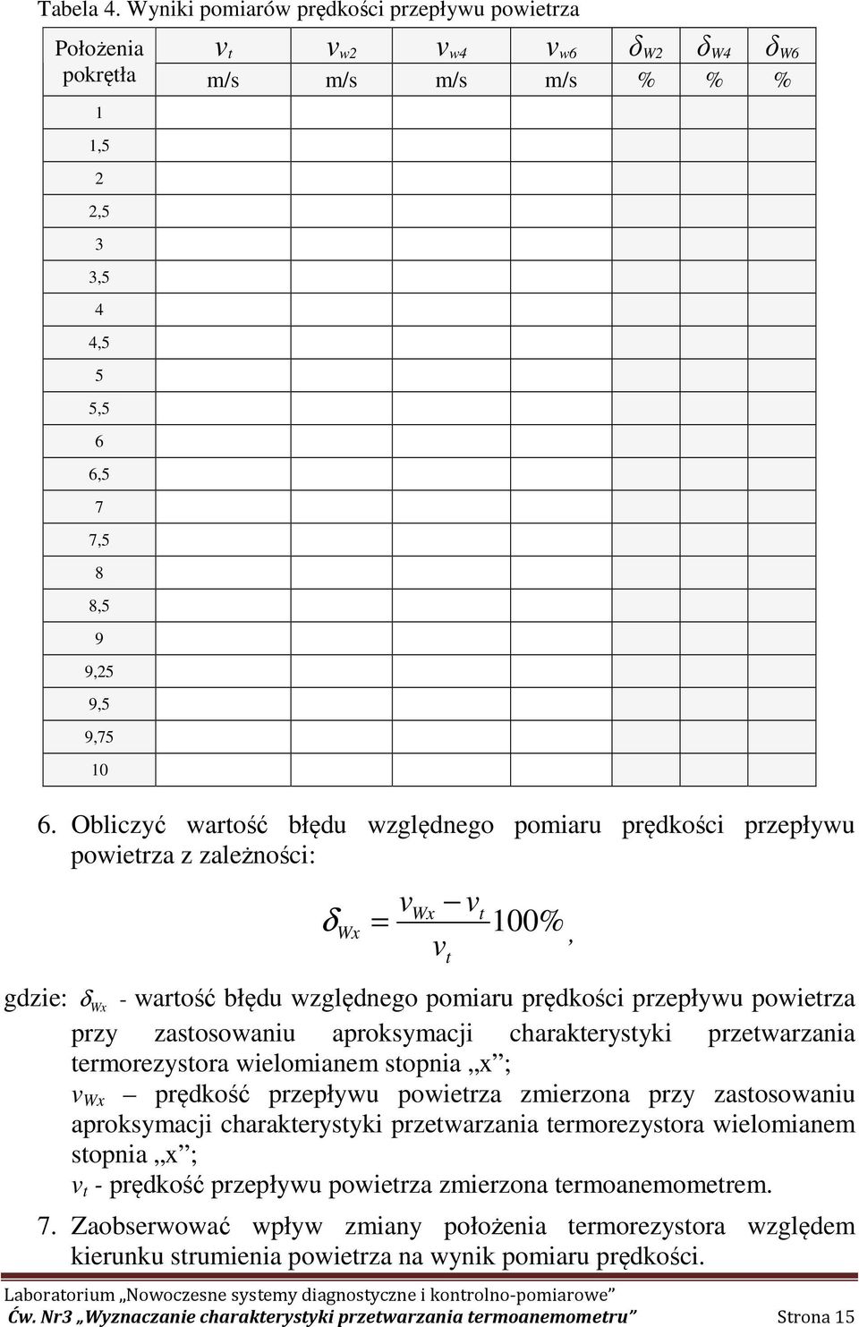 zastosowaniu aproksymacji charakterystyki przetwarzania termorezystora wielomianem stopnia x ; v Wx prędkość przepływu powietrza zmierzona przy zastosowaniu aproksymacji charakterystyki przetwarzania