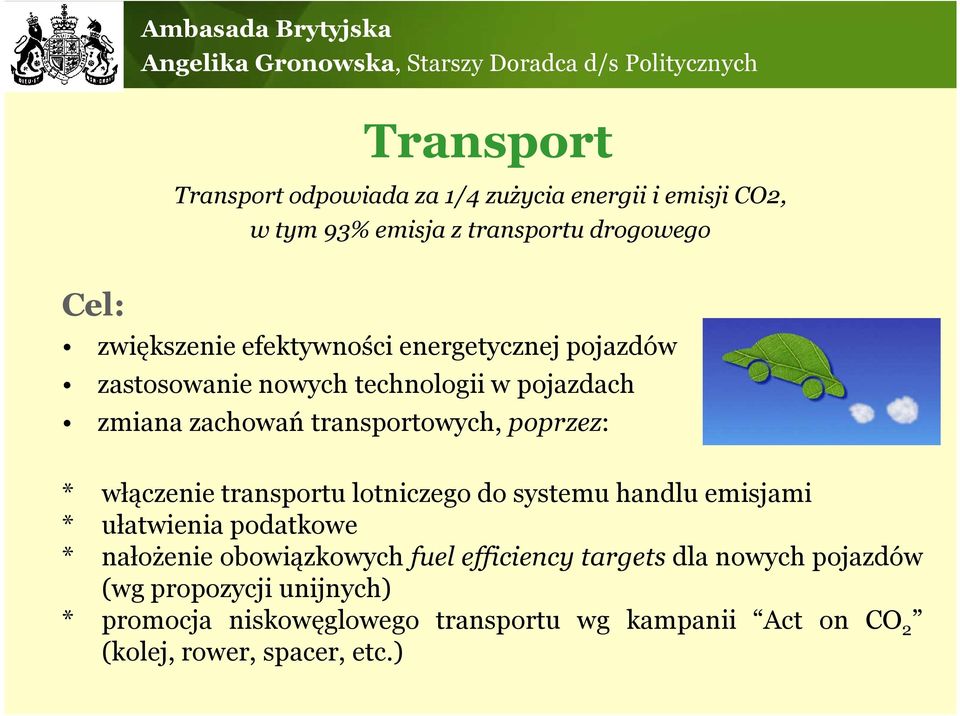 włączenie transportu lotniczego do systemu handlu emisjami * ułatwienia podatkowe * nałożenie obowiązkowych fuel efficiency