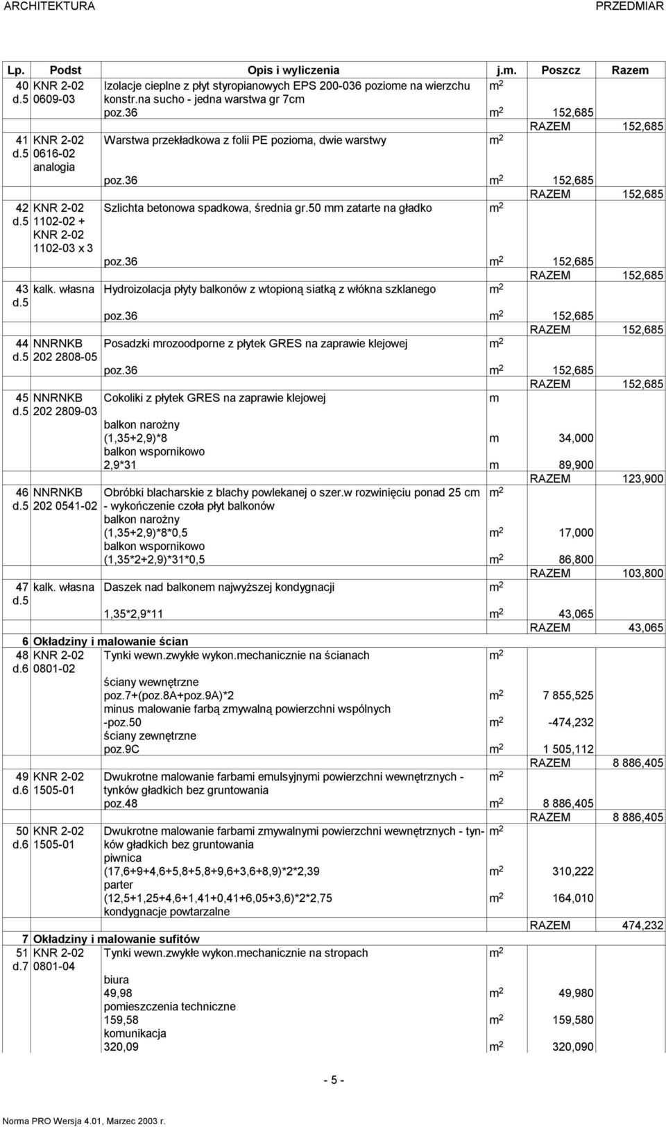 36 2 152,685 43 kalk. własna Hydroizolacja płyty balkonów z wtopioną siatką z włókna szklanego 2 d.5 poz.36 2 152,685 44 NNRNKB Posadzki rozoodporne z płytek GRES na zaprawie klejowej 2 d.