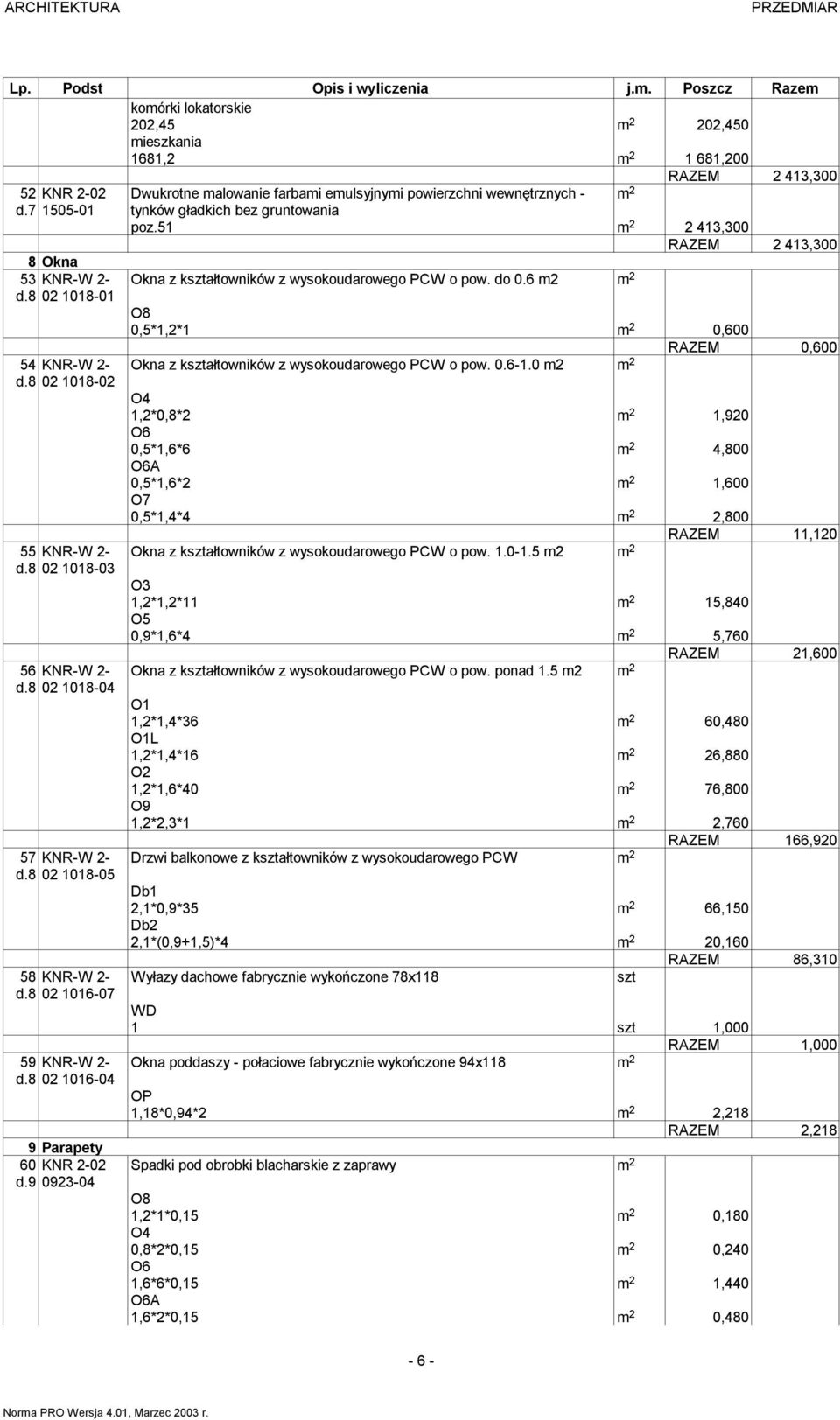 9 0923-04 Dwukrotne alowanie farbai eulsyjnyi powierzchni wewnętrznych - 2 tynków gładkich bez gruntowania poz.51 2 2 413,300 RAZEM 2 413,300 Okna z kształtowników z wysokoudarowego PCW o pow. do 0.