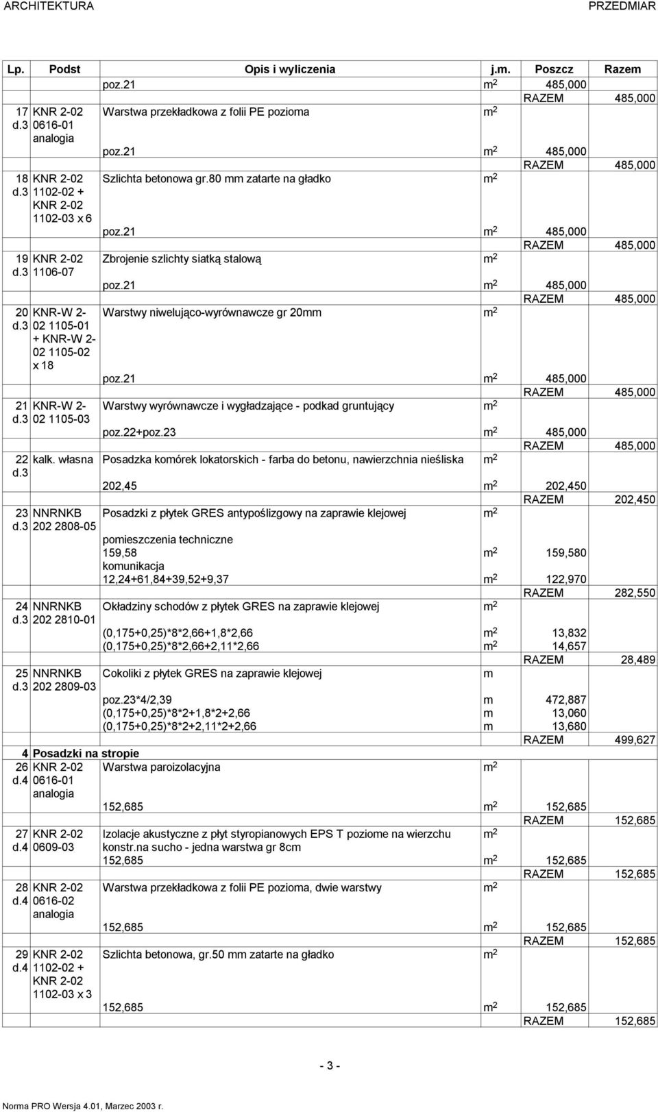 21 2 485,000 RAZEM 485,000 Warstwy niwelująco-wyrównawcze gr 20 2 poz.21 2 485,000 RAZEM 485,000 Warstwy wyrównawcze i wygładzające - podkad gruntujący 2 poz.22+poz.23 2 485,000 RAZEM 485,000 22 kalk.
