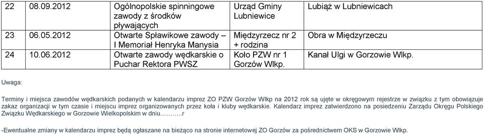 Terminy i miejsca zawodów wędkarskich podanych w kalendarzu imprez ZO PZW Gorzów Wlkp na 2012 rok są ujęte w okręgowym rejestrze w związku z tym obowiązuje zakaz organizacji w tym czasie i miejscu