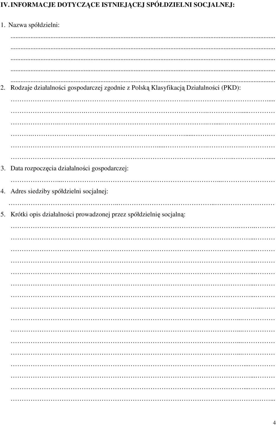 Data rozpoczęcia działalności gospodarczej:....... 4. Adres siedziby spółdzielni socjalnej:.... 5.