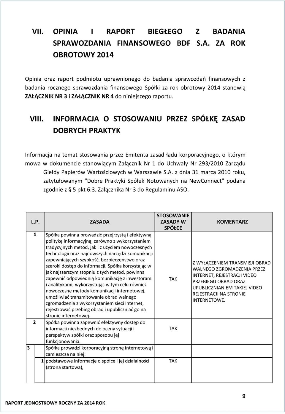 finansowego Spółki za rok obrotowy 2014 stanowią ZAŁĄCZNIK NR 3 i ZAŁĄCZNIK NR 4 do niniejszego raportu. VIII.