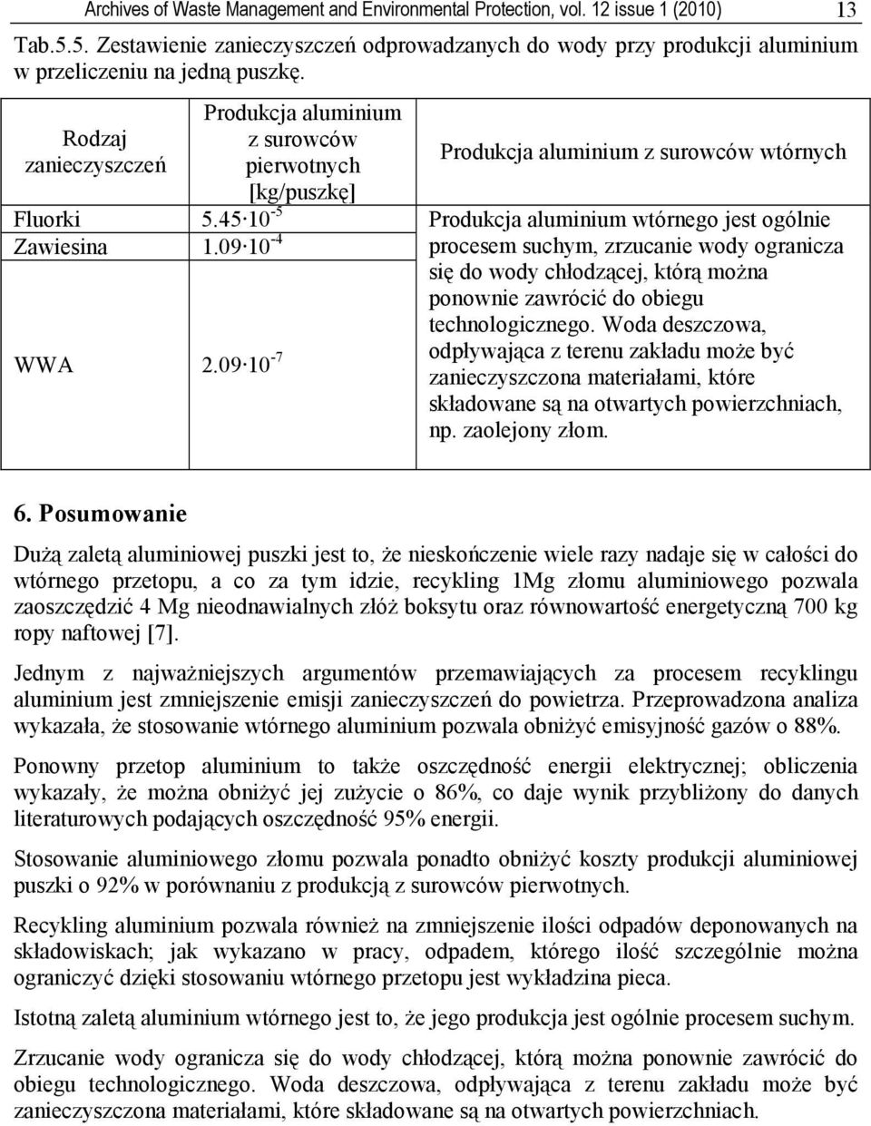 09 10-7 Produkcja aluminium z surowców pierwotnych [kg/puszkę] Produkcja aluminium z surowców wtórnych Produkcja aluminium wtórnego jest ogólnie procesem suchym, zrzucanie wody ogranicza się do wody