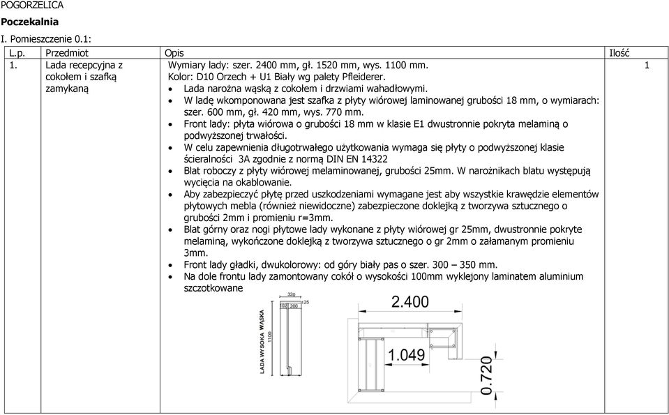 W ladę wkomponowana jest szafka z płyty wiórowej laminowanej grubości 8 mm, o wymiarach: szer. 600 mm, gł. 420 mm, wys. 770 mm.