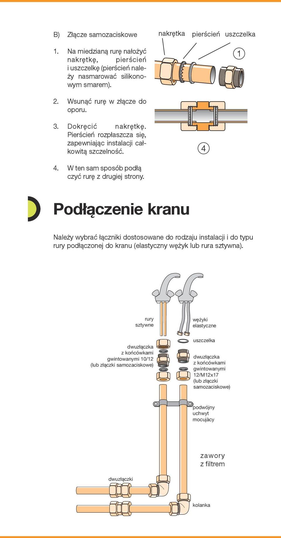 Podłączenie kranu Należy wybrać łączniki dostosowane do rodzaju instalacji i do typu rury podłączonej do kranu (elastyczny wężyk lub rura sztywna).