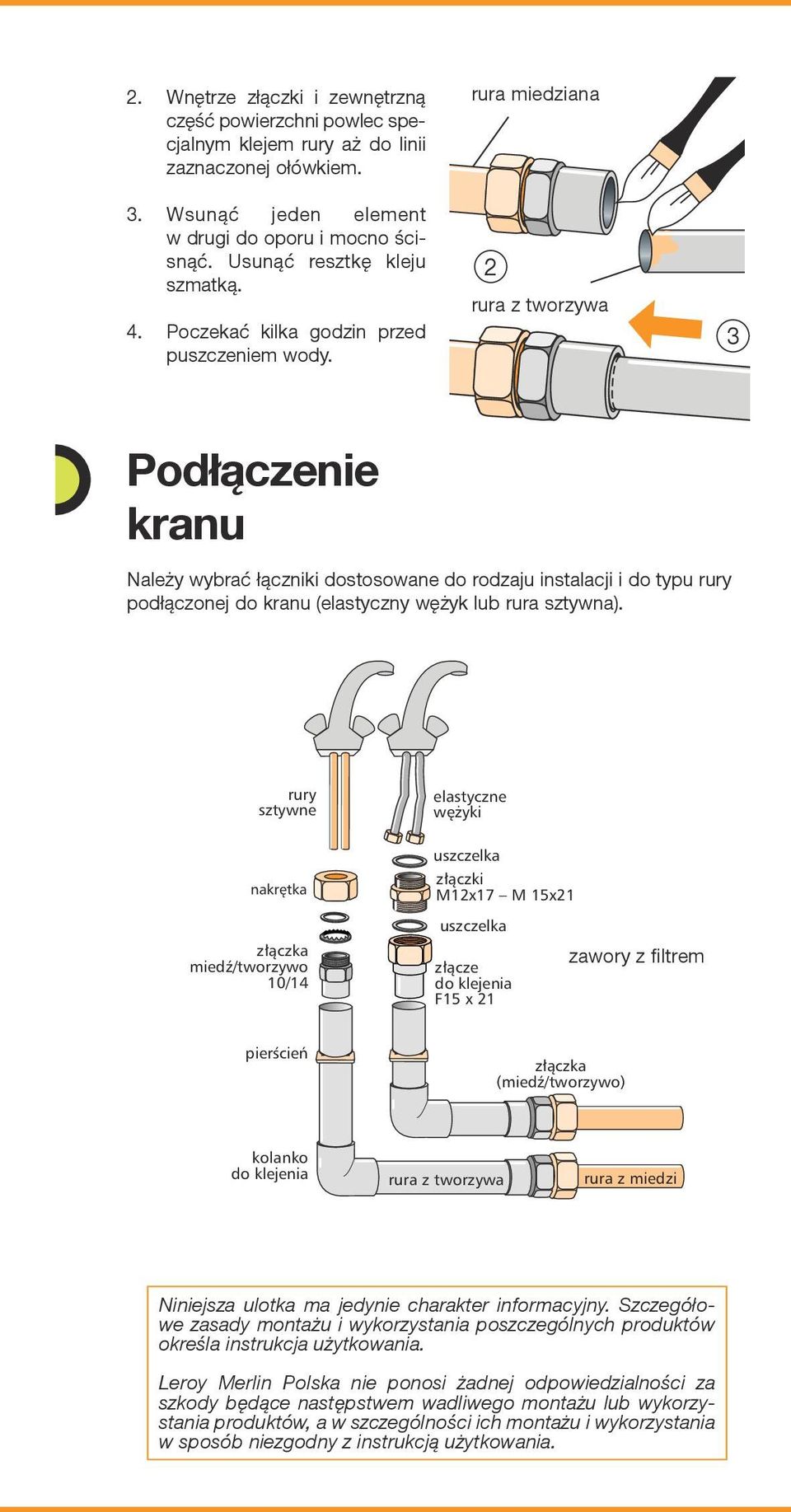 rura z tworzywa 3 Podłączenie kranu Należy wybrać łączniki dostosowane do rodzaju instalacji i do typu rury podłączonej do kranu (elastyczny wężyk lub rura sztywna).