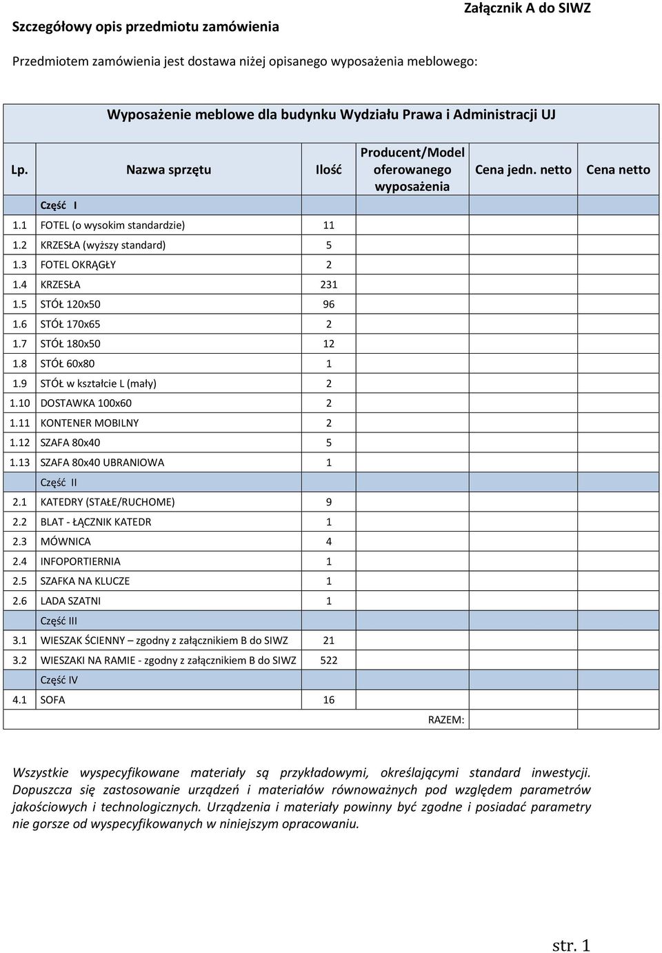 4 KRZESŁA 231 1.5 STÓŁ 120x50 96 1.6 STÓŁ 170x65 2 1.7 STÓŁ 180x50 12 1.8 STÓŁ 60x80 1 1.9 STÓŁ w kształcie L (mały) 2 1.10 DOSTAWKA 100x60 2 1.11 KONTENER MOBILNY 2 1.12 SZAFA 80x40 5 1.