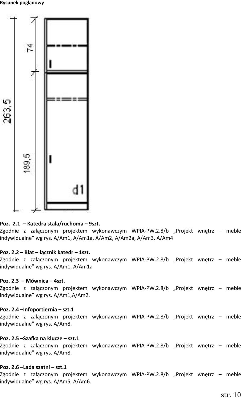 Zgodnie z załączonym projektem wykonawczym WPIA-PW.2.8/b Projekt wnętrz meble indywidualne wg rys. A/Am1,A/Am2. Poz. 2.4 Infoportiernia szt.1 Zgodnie z załączonym projektem wykonawczym WPIA-PW.2.8/b Projekt wnętrz meble indywidualne wg rys. A/Am8.