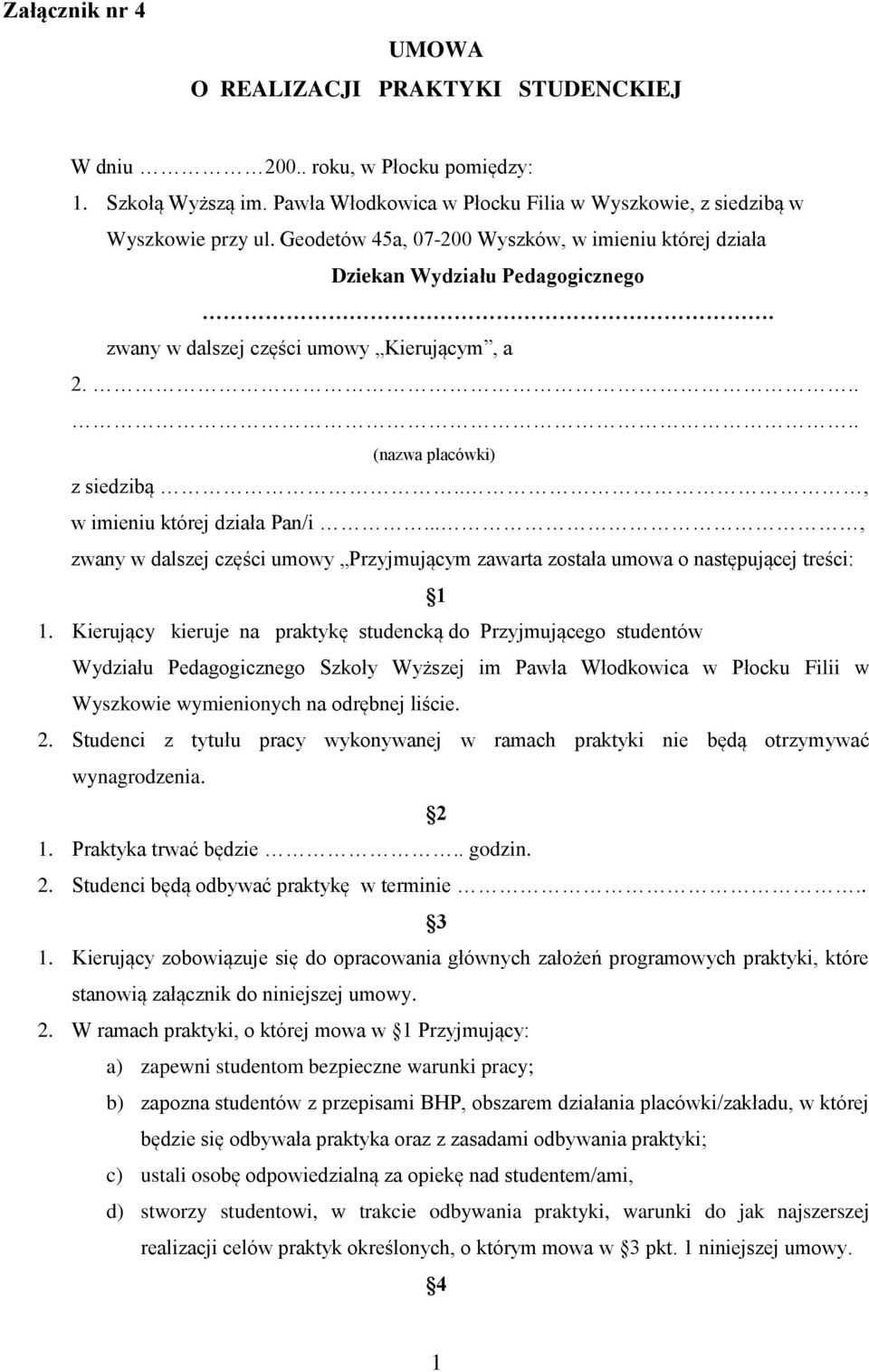 Załącznik nr 4 UMOWA O REALIZACJI PRAKTYKI STUDENCKIEJ - PDF Darmowe  pobieranie