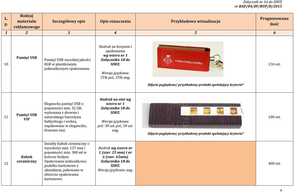 Nadruk na etui wg wzoru nr 1 pol.: 50 szt. pol., 50 szt. ang. 12 Kubek ceramiczny Smukły kubek ceramiczny o wysokości min. 127 mm i pojemności min.