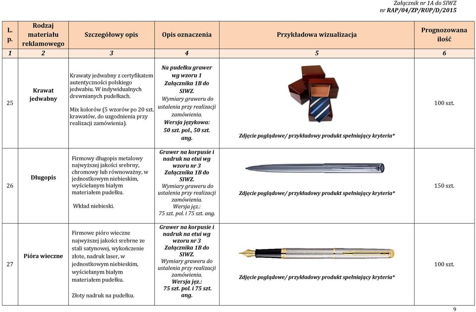 26 Długopis Firmowy długopis metalowy najwyższej jakości srebrny, chromowy lub równoważny, w jednostkowym niebieskim, wyściełanym białym materiałem pudełku. Wkład niebieski.