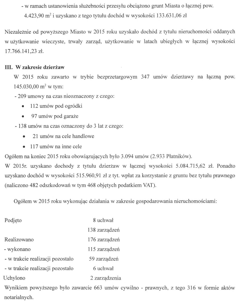 17.766.141,23 A. III. W zakresie dzierżaw W 2015 roku zawarto w trybie bezprzetargowym 347 umów dzier żawy na łączną pow. 145.