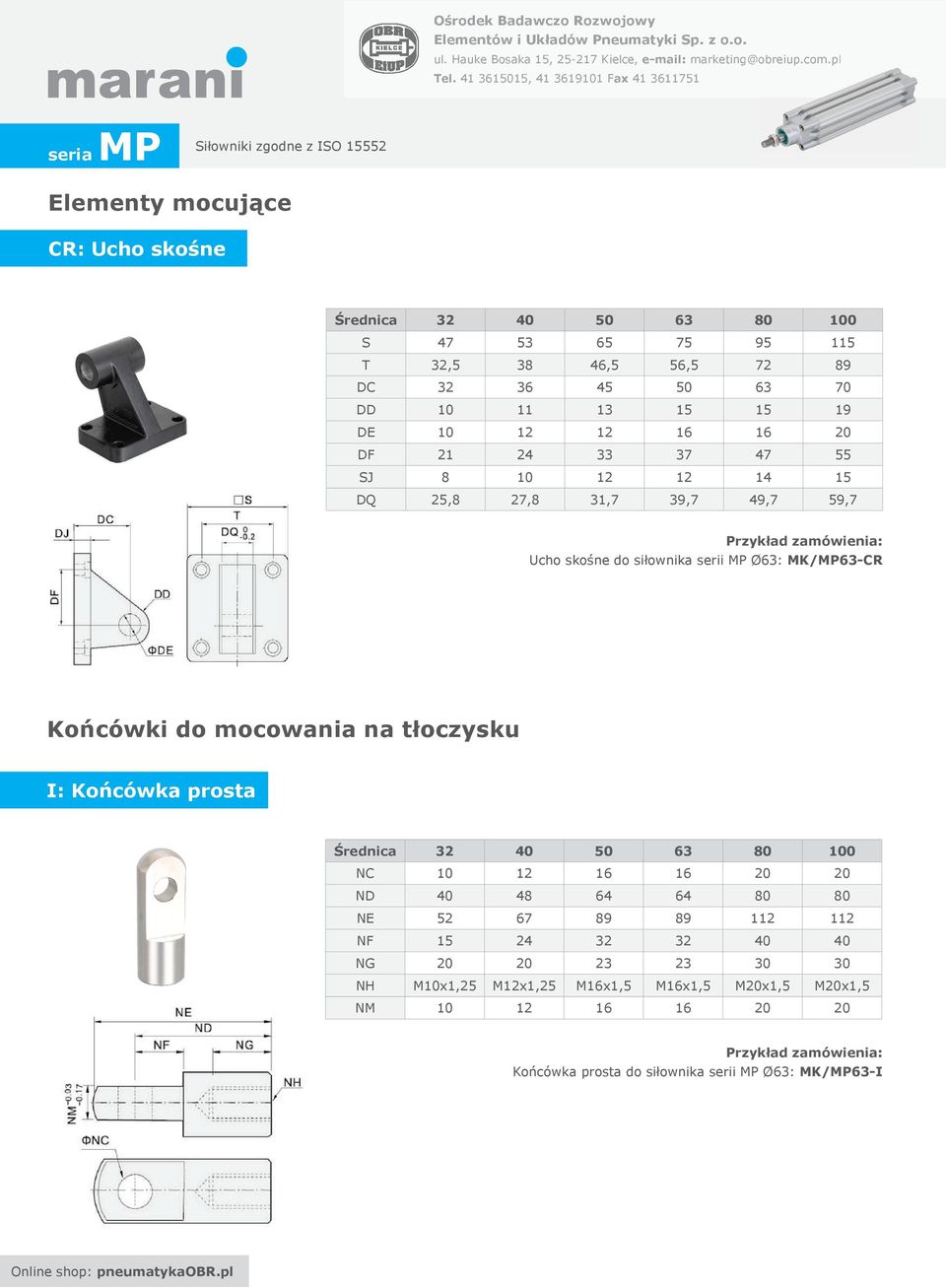 tłoczysku I: Końcówka prosta NC 10 12 16 16 20 20 ND 40 48 64 64 80 80 NE 52 67 89 89 112 112 NF 15 24 32 32 40 40 NG 20 20 23