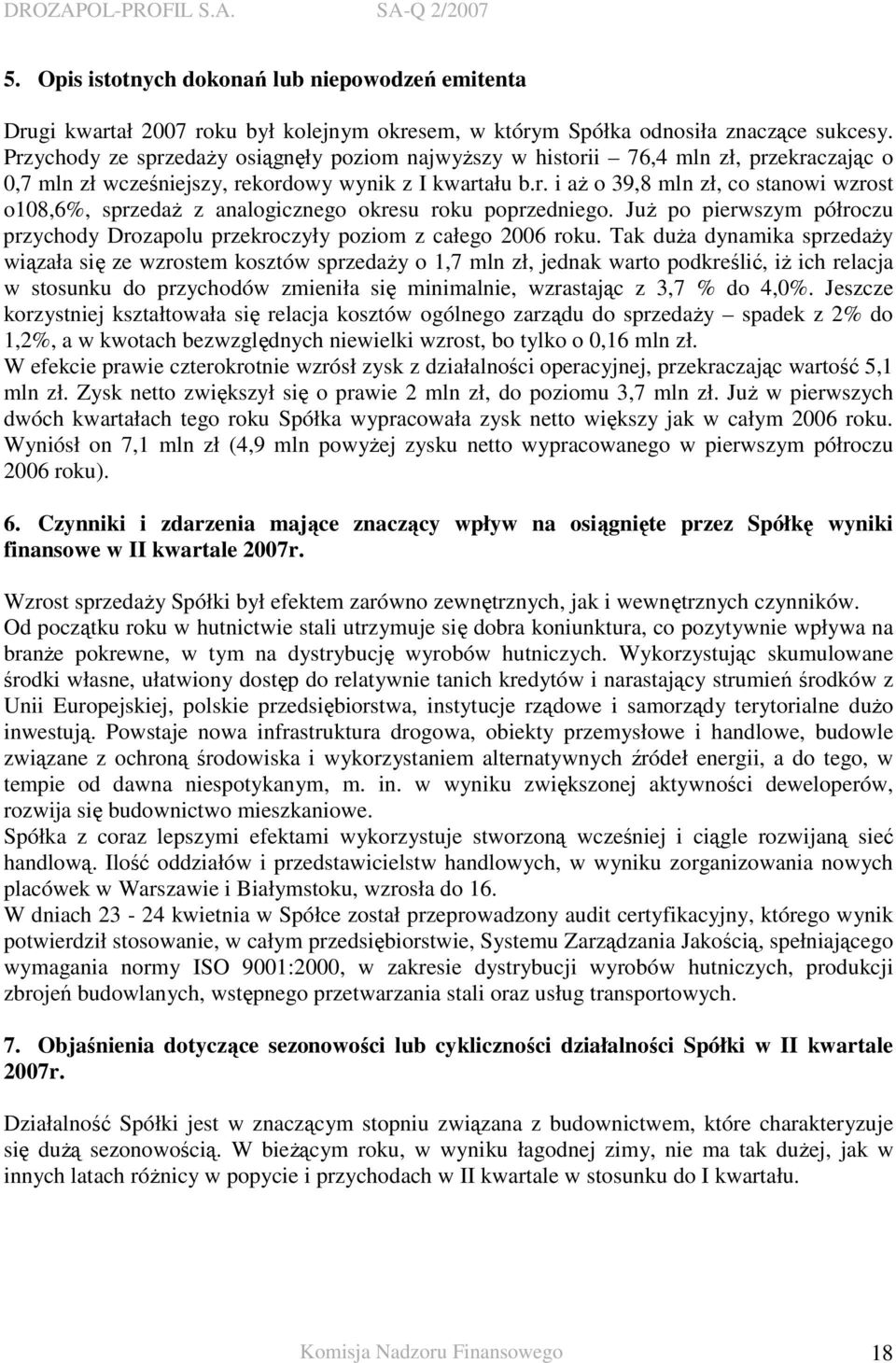JuŜ po pierwszym półroczu przychody Drozapolu przekroczyły poziom z całego 2006 roku.