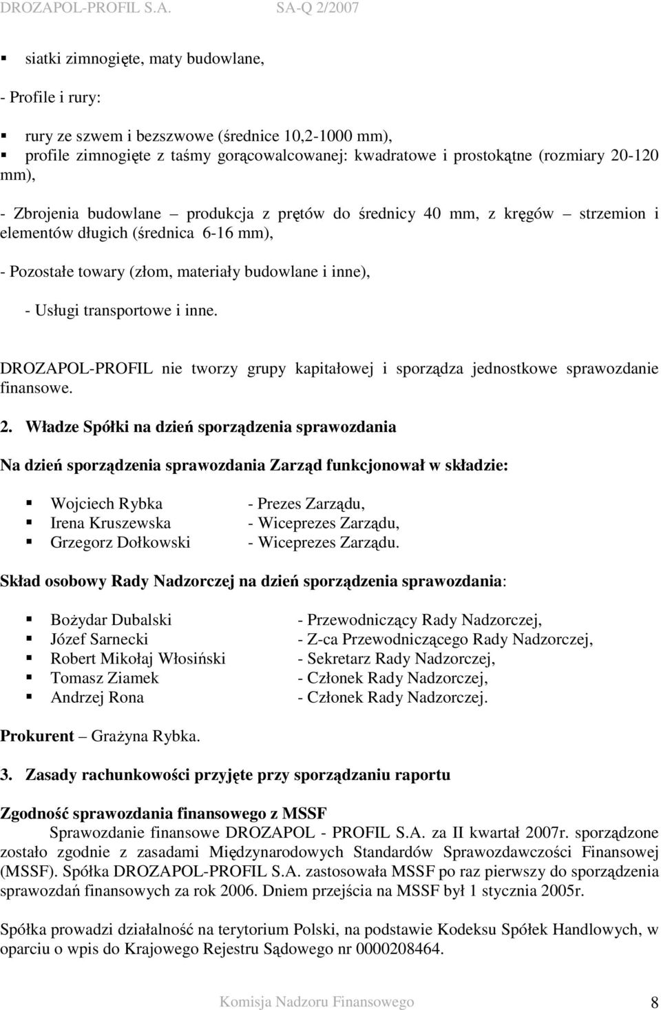 inne. DROZAPOL-PROFIL nie tworzy grupy kapitałowej i sporządza jednostkowe sprawozdanie finansowe. 2.