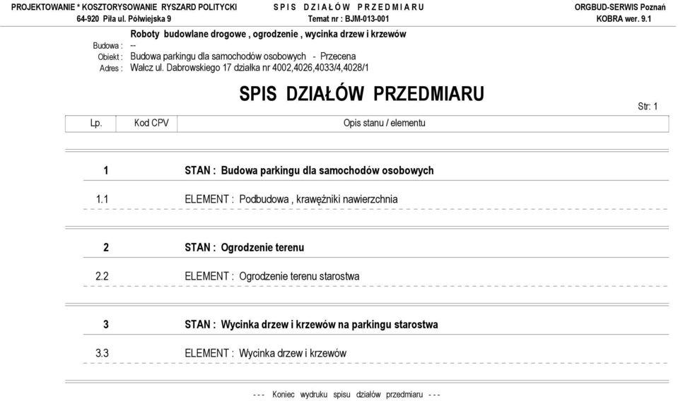 Kod CPV Opis stanu / elementu Str: 1 1 STAN : Budowa parkingu dla samochodów osobowych 1.