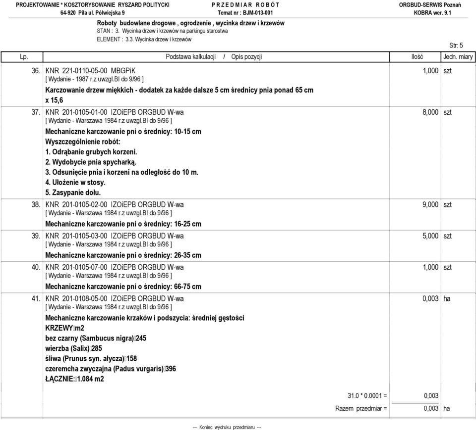 KNR 201-0105-01-00 IZOiEPB ORGBUD W-wa 8,000 szt Mechaniczne karczowanie pni o średnicy: 10-15 cm 1. Odrąbanie grubych korzeni. 2. Wydobycie pnia spycharką. 3.