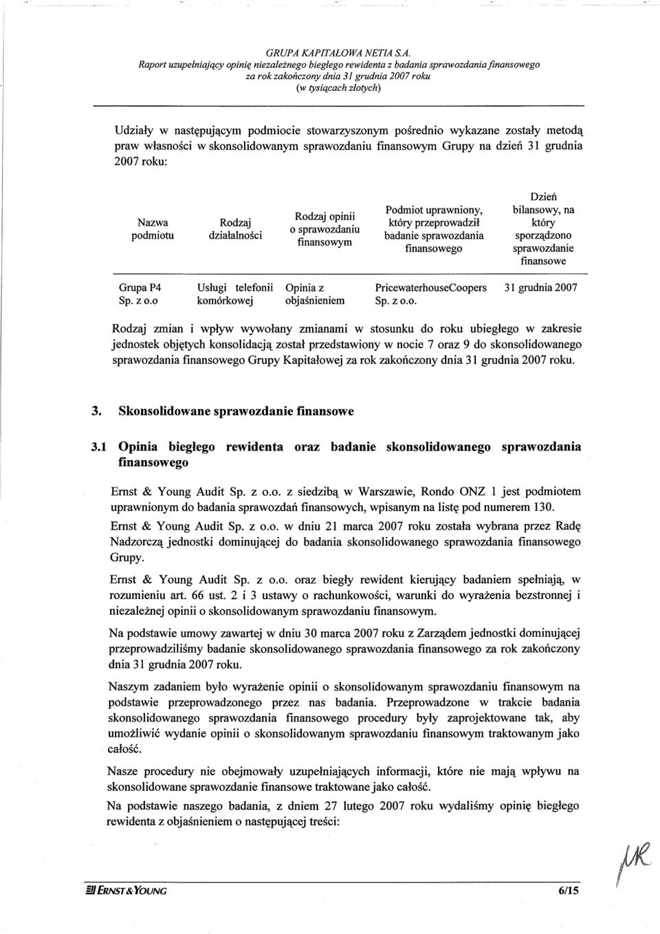 nastqpuj4cym podmiocie praw wlasnosci w skonsolidowanym 2007 roku: stowarryszonym poérednio wykazane zostaly metodq sprawozdaniu finansowym Grupy na dzieñ Nazwa podmiotu Grupa P4 Sp. z o.