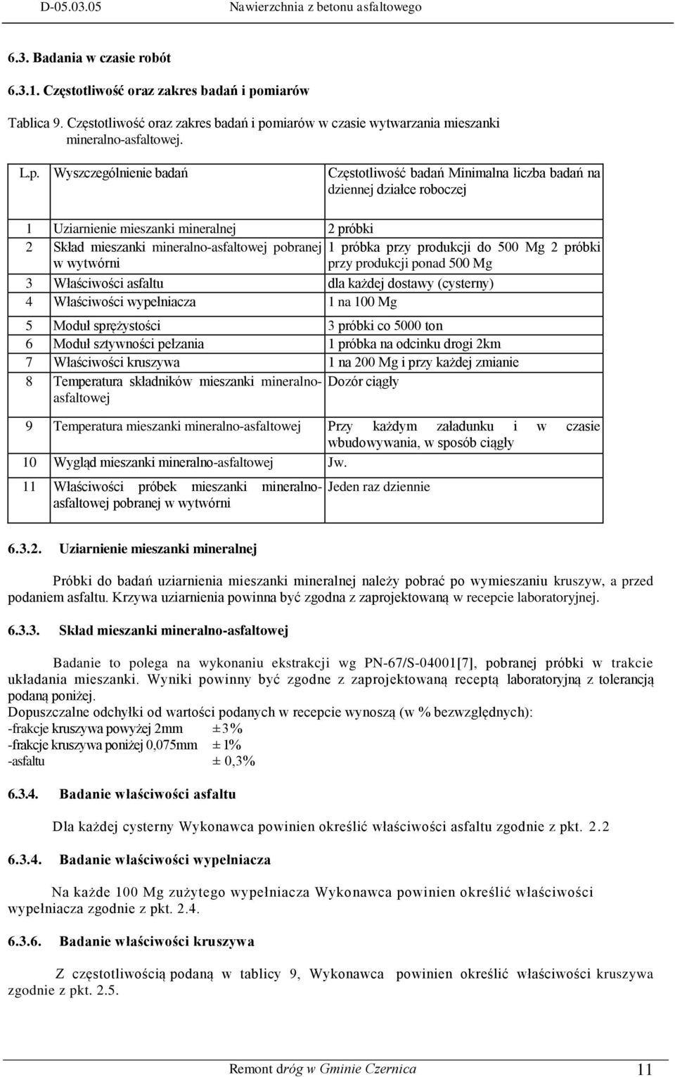 miarów w czasie wytwarzania mieszanki mineralno-asfaltowej. L.p.