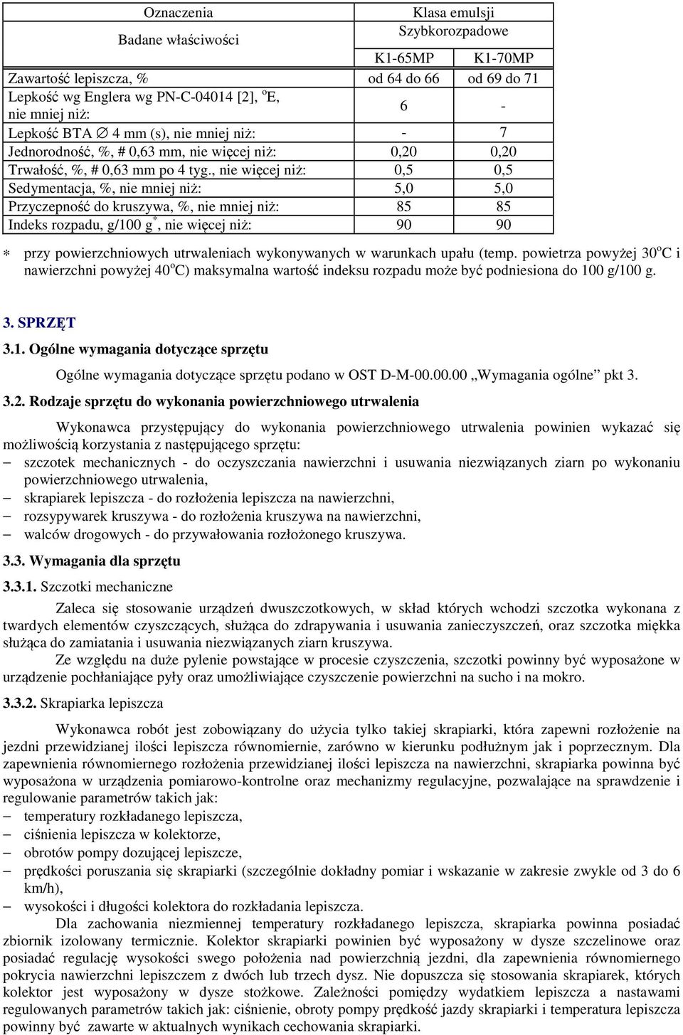 , nie więcej niż: 0,5 0,5 Sedymentacja, %, nie mniej niż: 5,0 5,0 Przyczepność do kruszywa, %, nie mniej niż: 85 85 Indeks rozpadu, g/100 g *, nie więcej niż: 90 90 przy powierzchniowych utrwaleniach