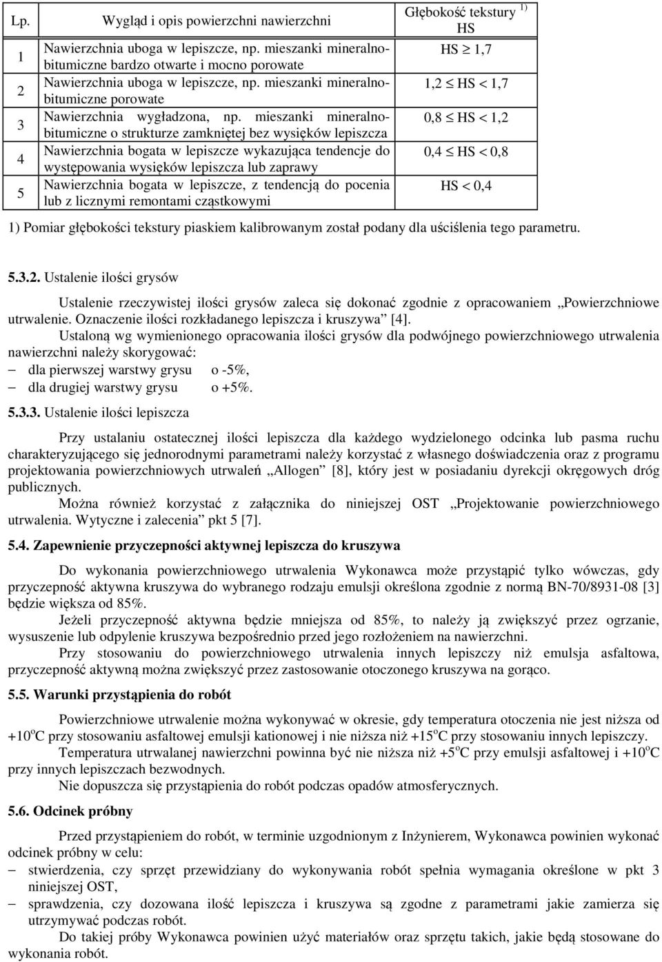 mieszanki mineralnobitumiczne o strukturze zamkniętej bez wysięków lepiszcza Nawierzchnia bogata w lepiszcze wykazująca tendencje do występowania wysięków lepiszcza lub zaprawy Nawierzchnia bogata w