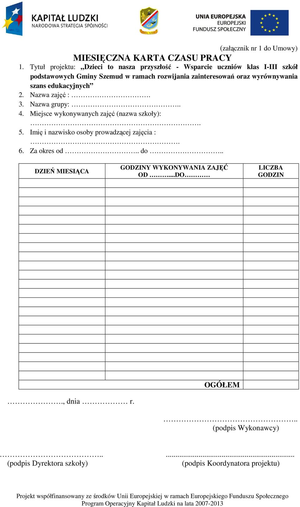 zainteresowań oraz wyrównywania szans edukacyjnych 2. Nazwa zajęć :. 3. Nazwa grupy:.. 4. Miejsce wykonywanych zajęć (nazwa szkoły):. 5.