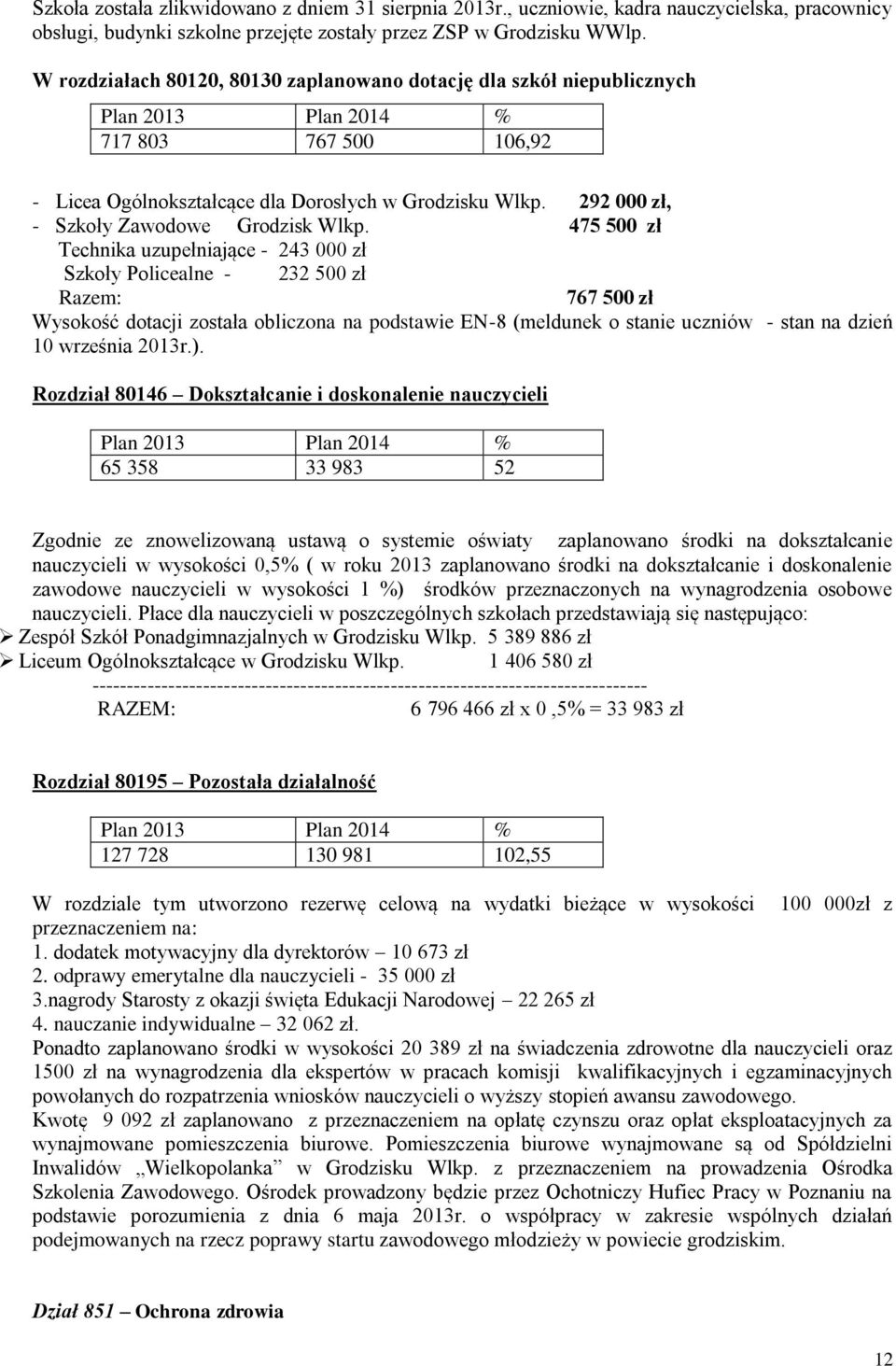 475 500 zł Technika uzupełniające - 243 000 zł Szkoły Policealne - 232 500 zł Razem: 767 500 zł Wysokość dotacji została obliczona na podstawie EN-8 (meldunek o stanie uczniów - stan na dzień 10