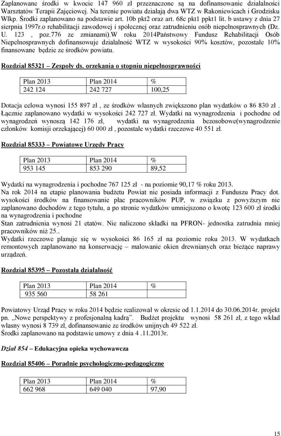123, poz.776 ze zmianami).w roku 2014Państwowy Fundusz Rehabilitacji Osób Niepełnosprawnych dofinansowuje działalność WTZ w wysokości 90% kosztów, pozostałe 10% finansowane będzie ze środków powiatu.