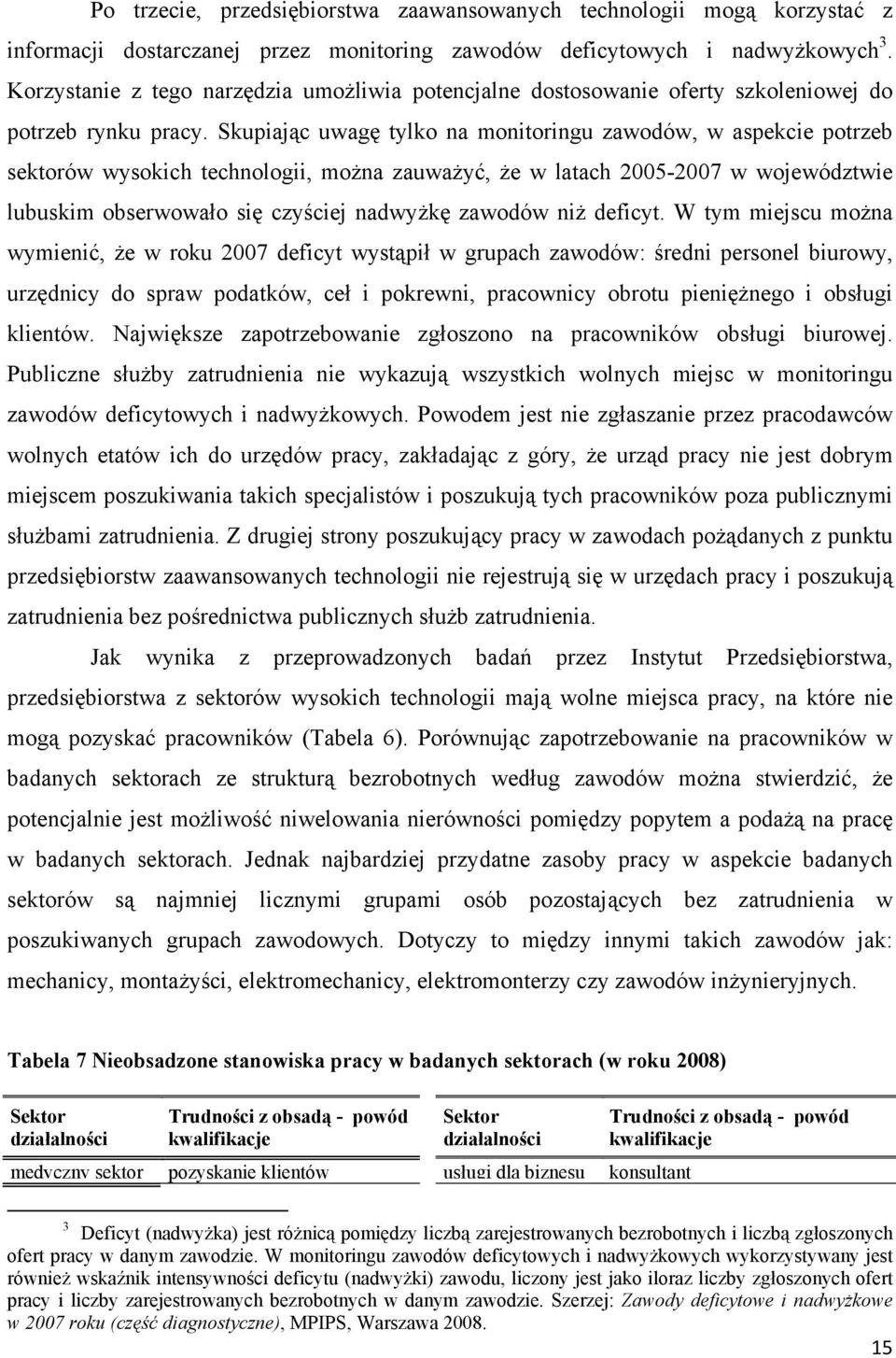 Skupiając uwagę tylko na monitoringu zawodów, w aspekcie potrzeb sektorów wysokich technologii, można zauważyć, że w latach 2005-2007 w województwie lubuskim obserwowało się czyściej nadwyżkę zawodów
