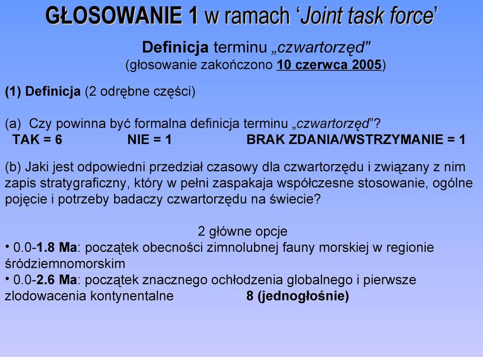 TAK = 6 NIE = 1 BRAK ZDANIA/WSTRZYMANIE = 1 (b) Jaki jest odpowiedni przedział czasowy dla czwartorzędu i związany z nim zapis stratygraficzny, który w pełni