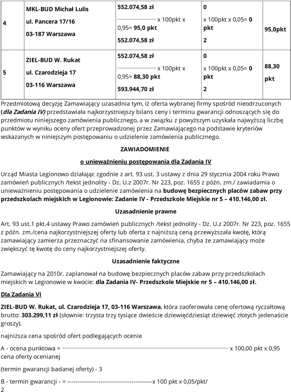 o unieważnieniu postępowania dla Zadania IV Urząd Miasta Legionowo działając zgodnie z art. 93 ust. 3 ustawy z dnia 9 stycznia roku Prawo zamówień publicznych /tekst jednolity - Dz. U.z 7r. Nr 3, poz.