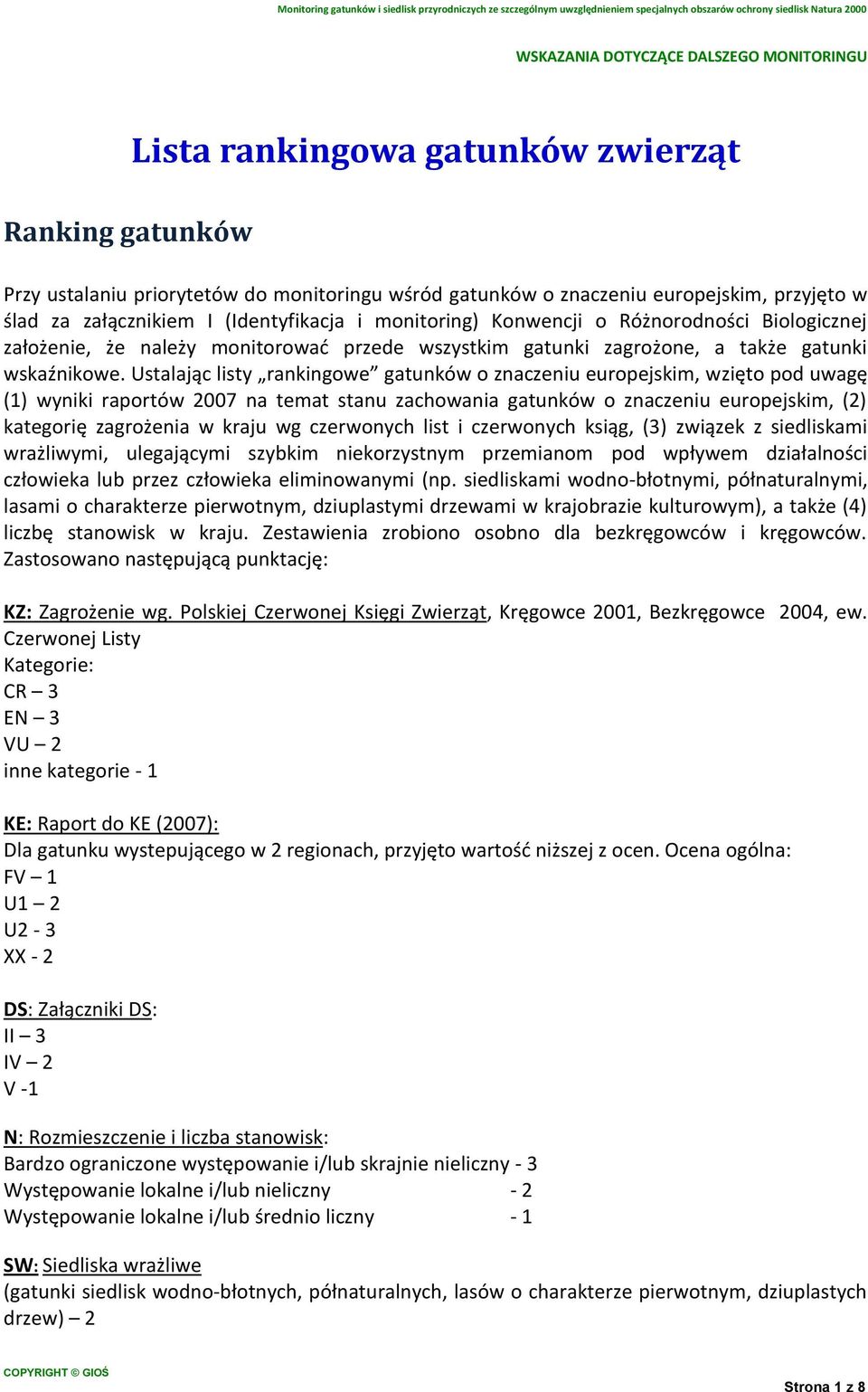 Ustalając listy rankingowe gatunków o znaczeniu europejskim, wzięto pod uwagę (1) wyniki raportów 2007 na temat stanu zachowania gatunków o znaczeniu europejskim, (2) kategorię zagrożenia w kraju wg