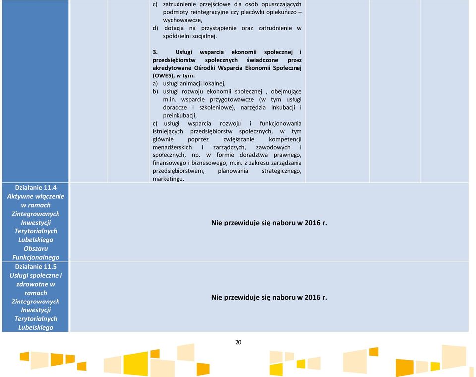 Usługi wsparcia ekonomii społecznej i przedsiębiorstw społecznych świadczone przez akredytowane Ośrodki Wsparcia Ekonomii Społecznej (OWES), w tym: a) usługi animacji lokalnej, b) usługi rozwoju