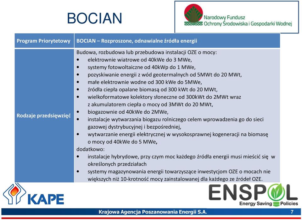 wielkoformatowe kolektory słoneczne od 300kWt do 2MWt wraz zakumulatorem ciepła o mocy od 3MWt do 20 MWt, biogazownie od 40kWe do 2MWe, instalacje wytwarzania biogazu rolniczego celem wprowadzenia go