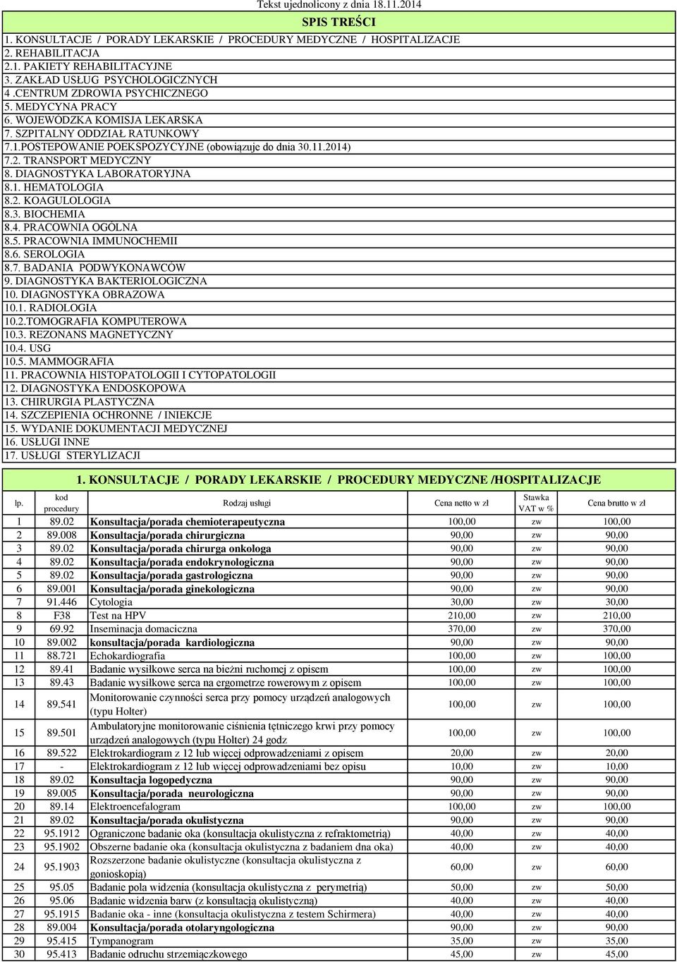 2. KOAGULOLOGIA 8.3. BIOCHEMIA 8.4. PRACOWNIA OGÓLNA 8.5. PRACOWNIA IMMUNOCHEMII 8.6. SEROLOGIA 8.7. BADANIA PODWYKONAWCÓW 9. DIAGNOSTYKA BAKTERIOLOGICZNA 10. DIAGNOSTYKA OBRAZOWA 10.1. RADIOLOGIA 10.